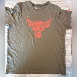 Project Rock Under Armour Men's Camo Green T-Shirt with Orange Bull Graphic